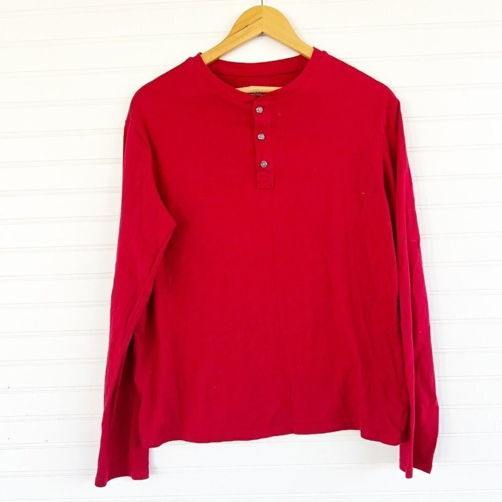 Merona Henley Shirt Large Red Long Sleeve 3-Button Cotton Casual Top‎